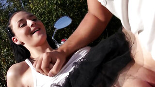 Goth babe fucked by her bad boy boyfriend on his parked Harley