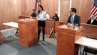 Hot Brunette In The Courtroom Gangbang With Eight Cocks