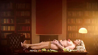 Blonde bombshell MILF serves sushi on her naked body