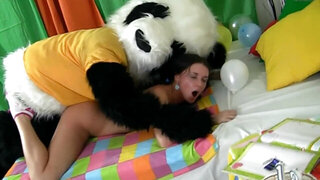 Hot woman is getting fucked by a guy that is in a panda costume