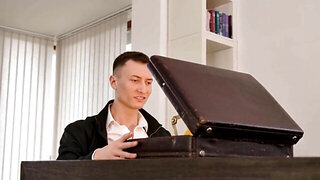 Blonde with big tits gets fucked on a wooden table