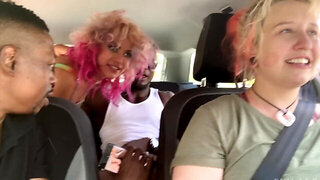 Bitch with colored hair has fun before interracial threesome