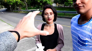 Nerdy chick is giving a sloppy blowjob at the porn casting