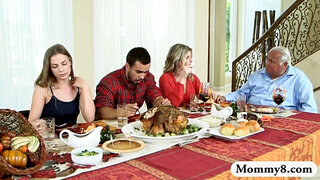 Stepmom Cory Chase fucking with teen couple after dinner