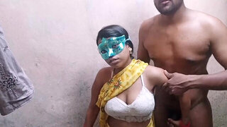 Busty Indian amateur babe fucked standing by masked boyfriend