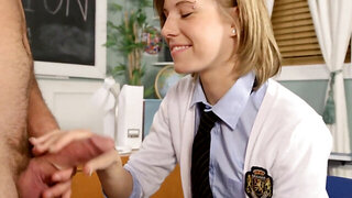 Ella Woods squatting on the guy's cock in the classroom