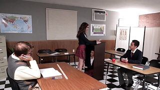 Classroom action with two hot babes and one girthy dick