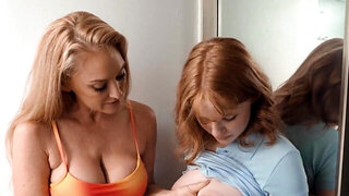 Old bitch is going to get off with a redhead on a bed