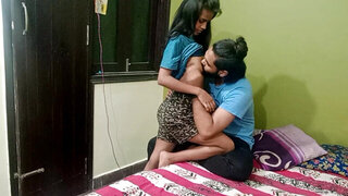 Man with long hair is having sex with a busty brunette