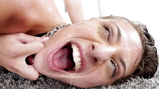 Whore gags on toy and enjoys rough anal sex with bald stud