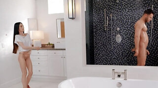 Big penis drills brunette's petite hole in the shower cabin