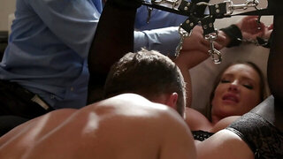 Blonde slut has to please two men all while being restrained