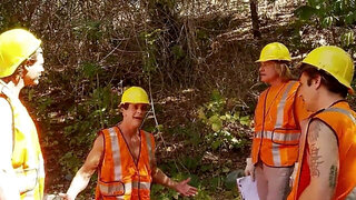 Small boobies babe getting gang-fucked by workers