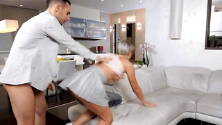 Guy teaches the little bitch etiquette and fucks pussy as a bonus