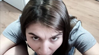 Cutie swallows cum after POV blowjob on the floor