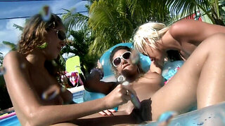 Sexy chicks have a lesbian pool party with no swimsuits