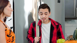 Halloween sex with a brown-haired babe and a Latino