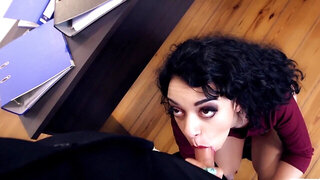 Curly cutie is going to fuck a much older man at work