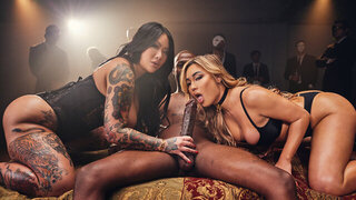 Dashing pornstars work monster dick together in flawless FFM