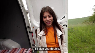 Skinny babe with a cute face is going to take his HUGE dick