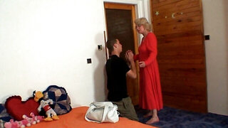 Perverted blonde GILF giving a handjob and a blowjob