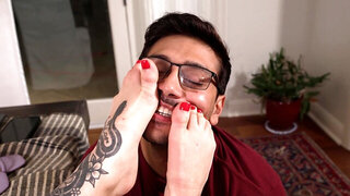 Brunette Raven Lane puts her feet in his face to get him off