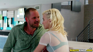 Blonde fucks new BF for her nerdy roommate not to see