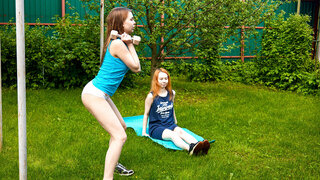 Hot Redhead And Brunette After Exercising In Open Lesbo Sex