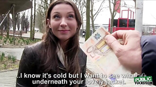 Hot Julie is spotted by dude and offers her fifty euros just to suck his cock