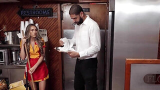 Waitress in a slutty uniform uses toys and random cocks
