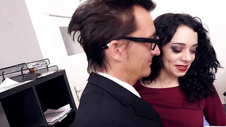 Curly cutie is going to fuck a much older man at work