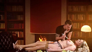 Blonde bombshell MILF serves sushi on her naked body