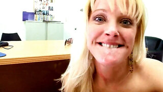 Blonde MILF stretched on table by horny agent with camera