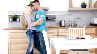 Nerdy blonde teen takes a break from studying to suck and fuck