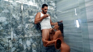 Curvaceous MILF takes a shower when she gets a hung visitor