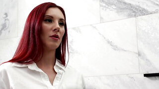Redheaded beauty with huge tits gets fucked by a client