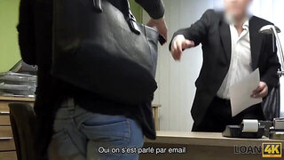 Loan officer fucks brunette's shaved pussy on the table