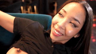 Cute Asian With Fake Boobs Sucking and Riding Dick on Couch