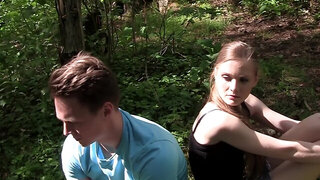 Russian coed shows strange guys tits and has threesome for money