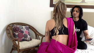 Indian man is having sex with a busty blonde bitch