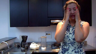 Naughty girl goes down on her man and blows him in the kitchen