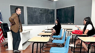 Girls with tight bodies take turns with their teacher