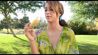 Shameless nature walks with vegetables inside pussy