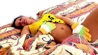 Adorable little brunette chick wants to satisfy her tight vagina