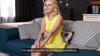 Blonde in a yellow dress wants to impress with hard sex