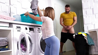 Jerking off creep ends up fucking a petite blondie