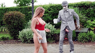 Alessandra Jane checks sexual potential of living statue outdoors