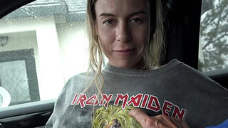 Edgy blonde girl Summer Vixen takes a hard peen in a car