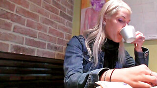 After having some coffee, the girl has sex in the bathroom