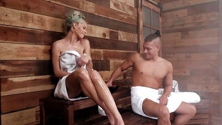 Big cock anal in the sauna with a stunning blonde